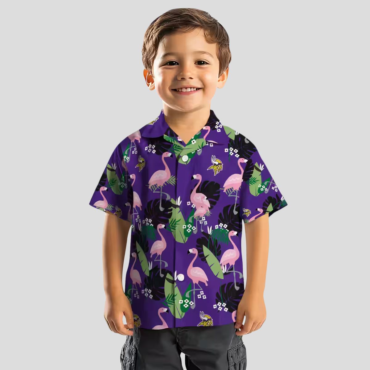 Minnesota Vikings Beach Hawaiian Shirt - Purple Tropical Flamingo Leaf Print