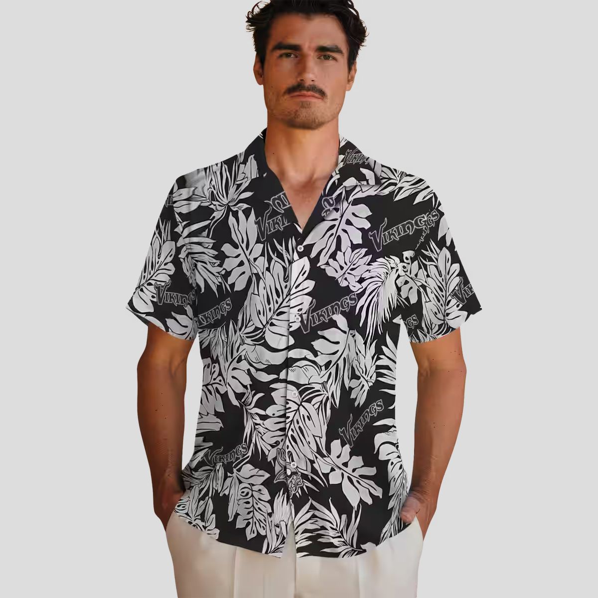 Minnesota Vikings Black Hawaiian Shirt with Monstera Leaf Print