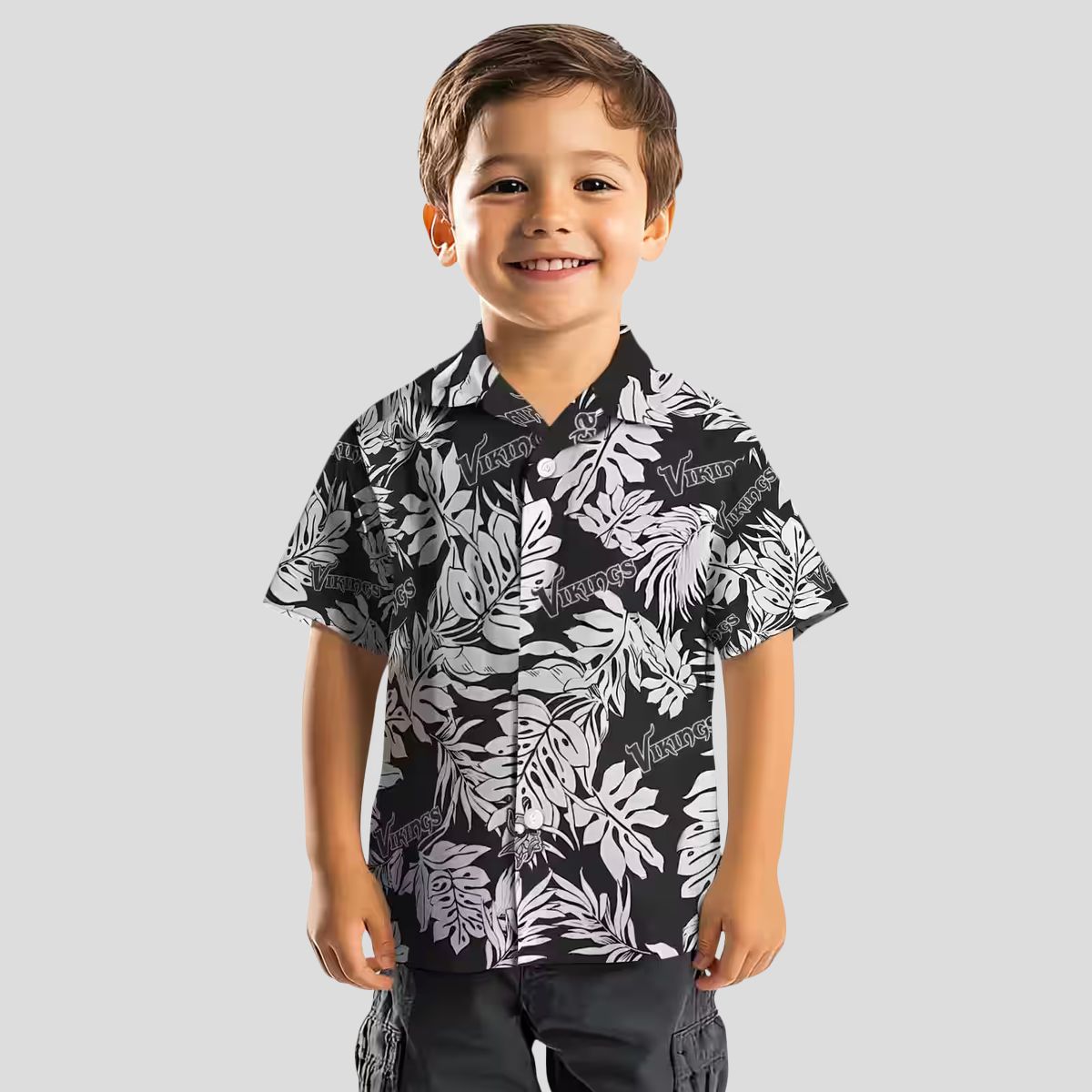 Minnesota Vikings Black Hawaiian Shirt with Monstera Leaf Print