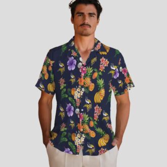 Minnesota Vikings Navy Blue Hawaiian Shirt - Hibiscus & Tropical Fruit Print