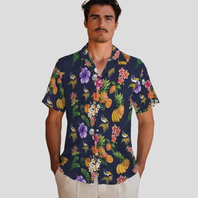 Minnesota Vikings Navy Blue Hawaiian Shirt - Hibiscus & Tropical Fruit Print
