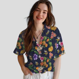 Minnesota Vikings Navy Blue Hawaiian Shirt - Hibiscus & Tropical Fruit Print