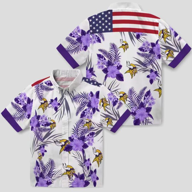 Minnesota Vikings Patriotic Aloha Shirt, Purple White Hibiscus Tropical NFL Apparel
