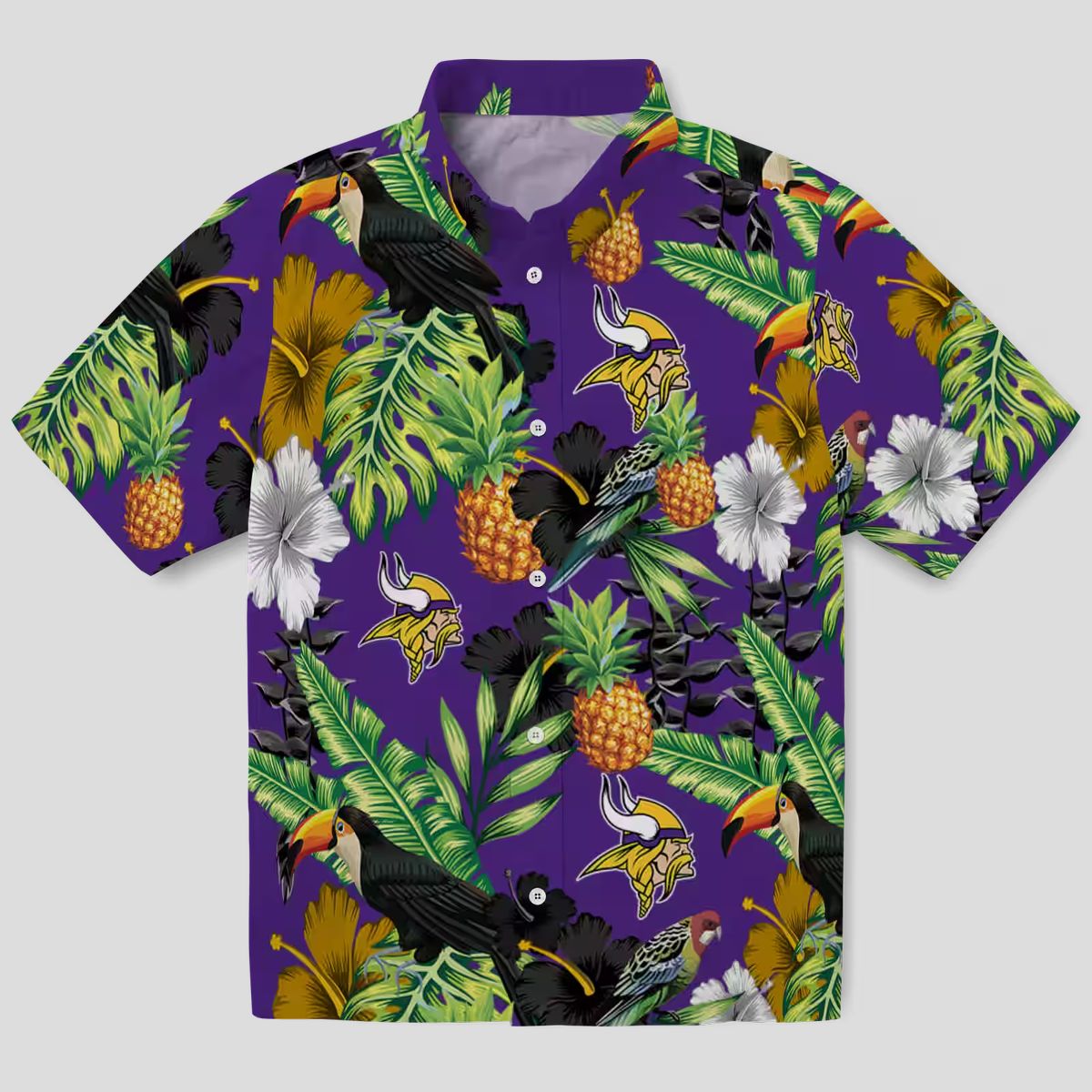 Minnesota Vikings Purple Green Hawaiian Shirt - Hibiscus Toucan & Pineapple Print