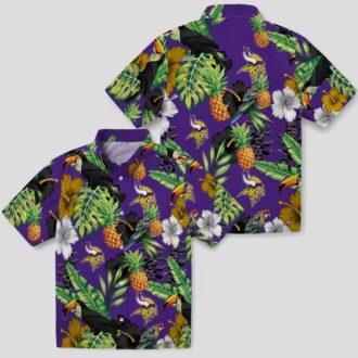 Minnesota Vikings Purple Green Hawaiian Shirt - Hibiscus Toucan & Pineapple Print