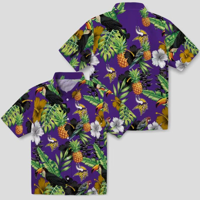 Minnesota Vikings Purple Green Hawaiian Shirt - Hibiscus Toucan & Pineapple Print