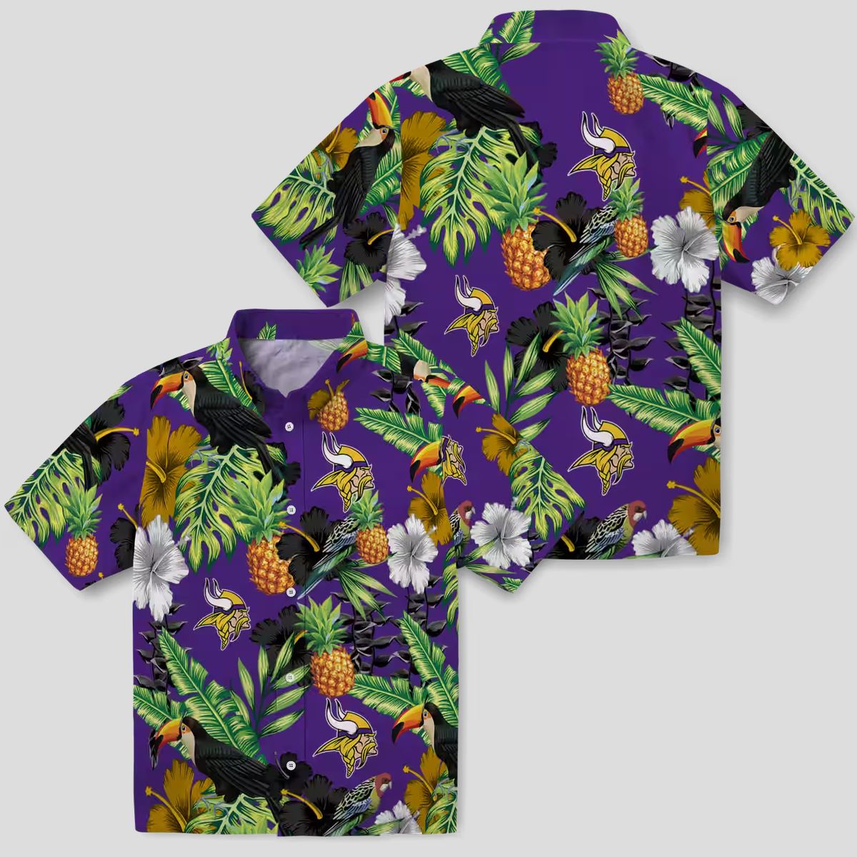 Minnesota Vikings Purple Green Hawaiian Shirt - Hibiscus Toucan & Pineapple Print