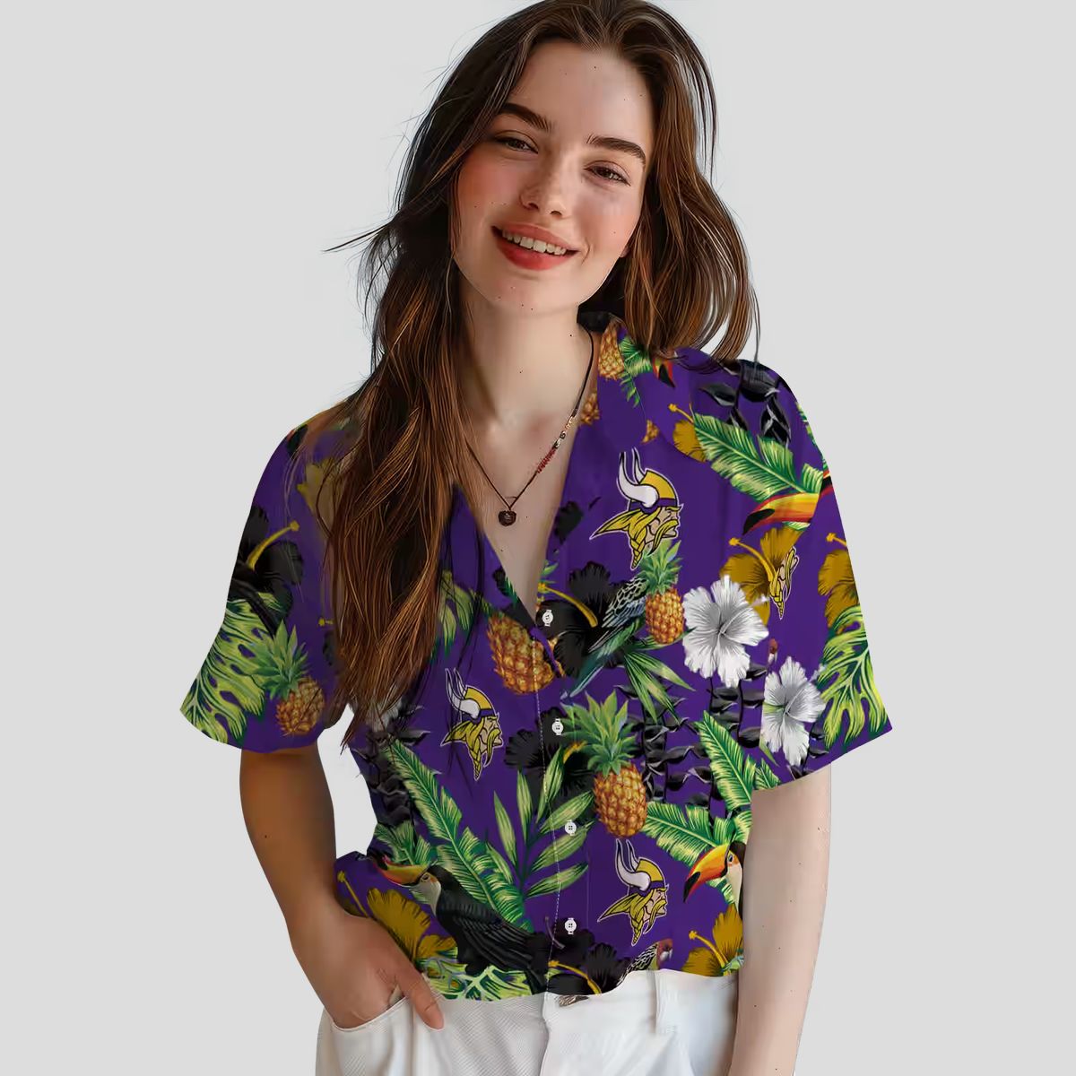Minnesota Vikings Purple Green Hawaiian Shirt - Hibiscus Toucan & Pineapple Print