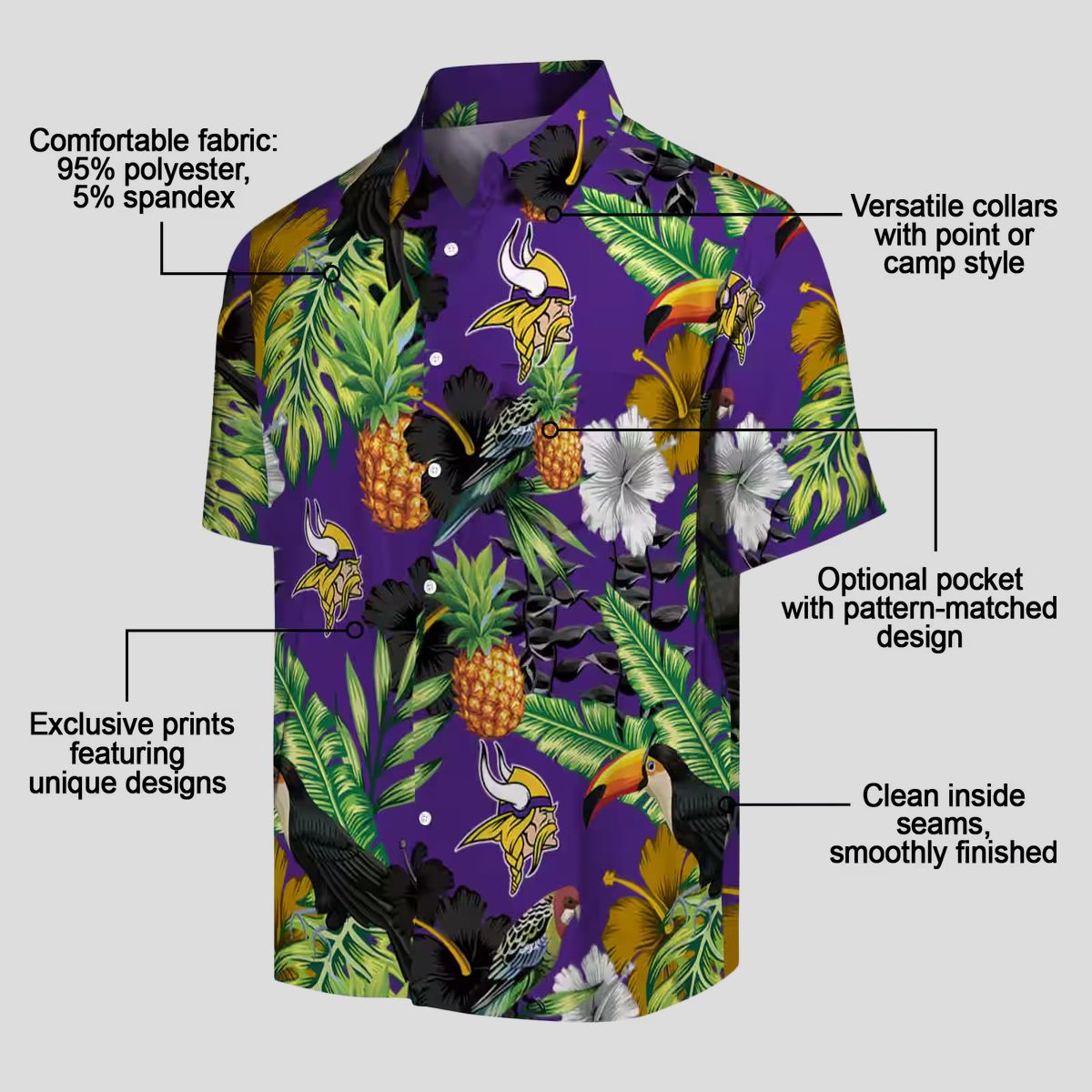 Minnesota Vikings Purple Green Hawaiian Shirt - Hibiscus Toucan & Pineapple Print