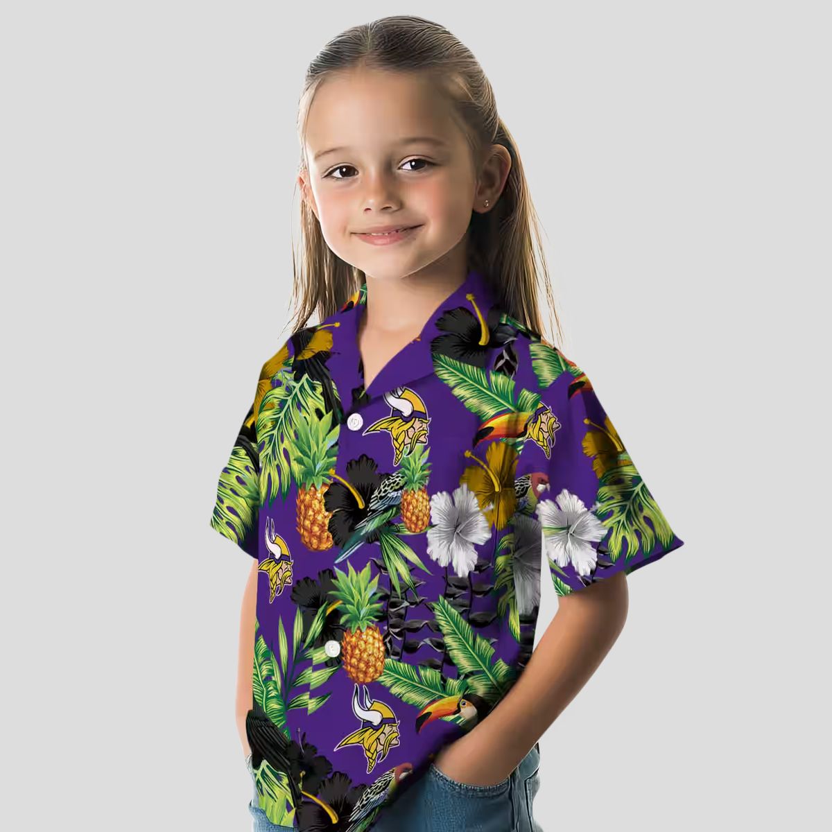 Minnesota Vikings Purple Green Hawaiian Shirt - Hibiscus Toucan & Pineapple Print