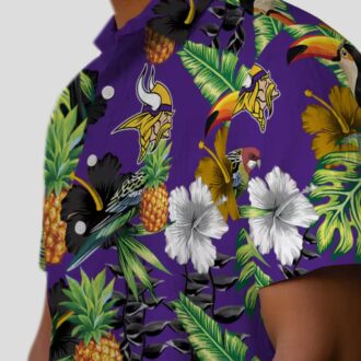 Minnesota Vikings Purple Green Hawaiian Shirt - Hibiscus Toucan & Pineapple Print