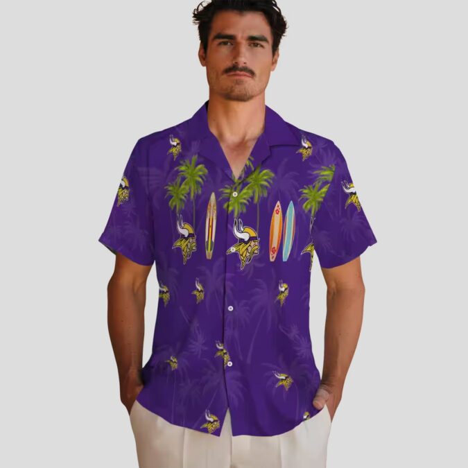 Minnesota Vikings Surfboard Hawaiian Shirt, Palm Purple Aloha Beach Outfit