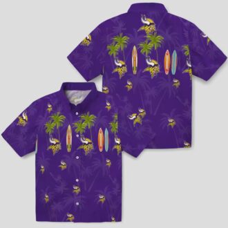 Minnesota Vikings Surfboard Hawaiian Shirt, Palm Purple Aloha Beach Outfit