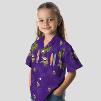 Minnesota Vikings Surfboard Hawaiian Shirt, Palm Purple Aloha Beach Outfit