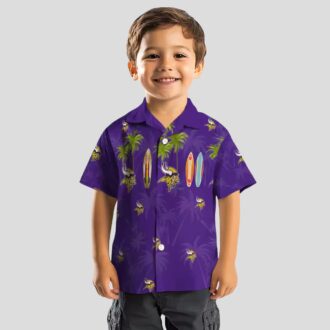 Minnesota Vikings Surfboard Hawaiian Shirt, Palm Purple Aloha Beach Outfit