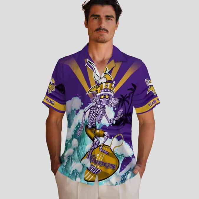 Personalized Minnesota Vikings Hawaiian Shirt, Surfing Skeleton NFL Beachwear