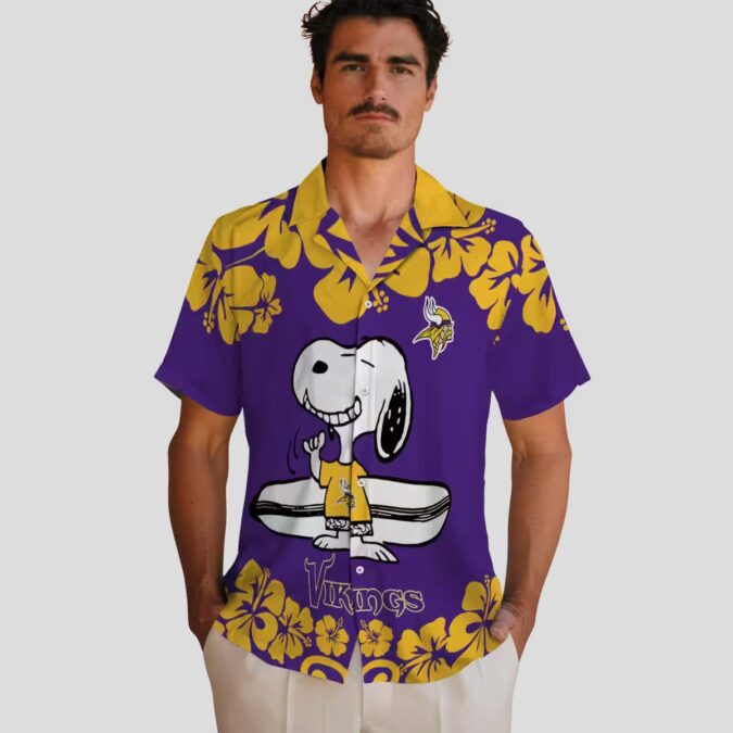 Snoopy Surf Minnesota Vikings Hawaiian Shirt, Purple & White Tropical Apparel