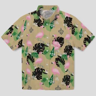 Gold Flamingo New Orleans Saints Hawaiian Shirt, Palm Leaf Summer NFL Apparel