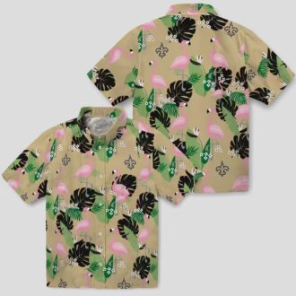 Gold Flamingo New Orleans Saints Hawaiian Shirt, Palm Leaf Summer NFL Apparel