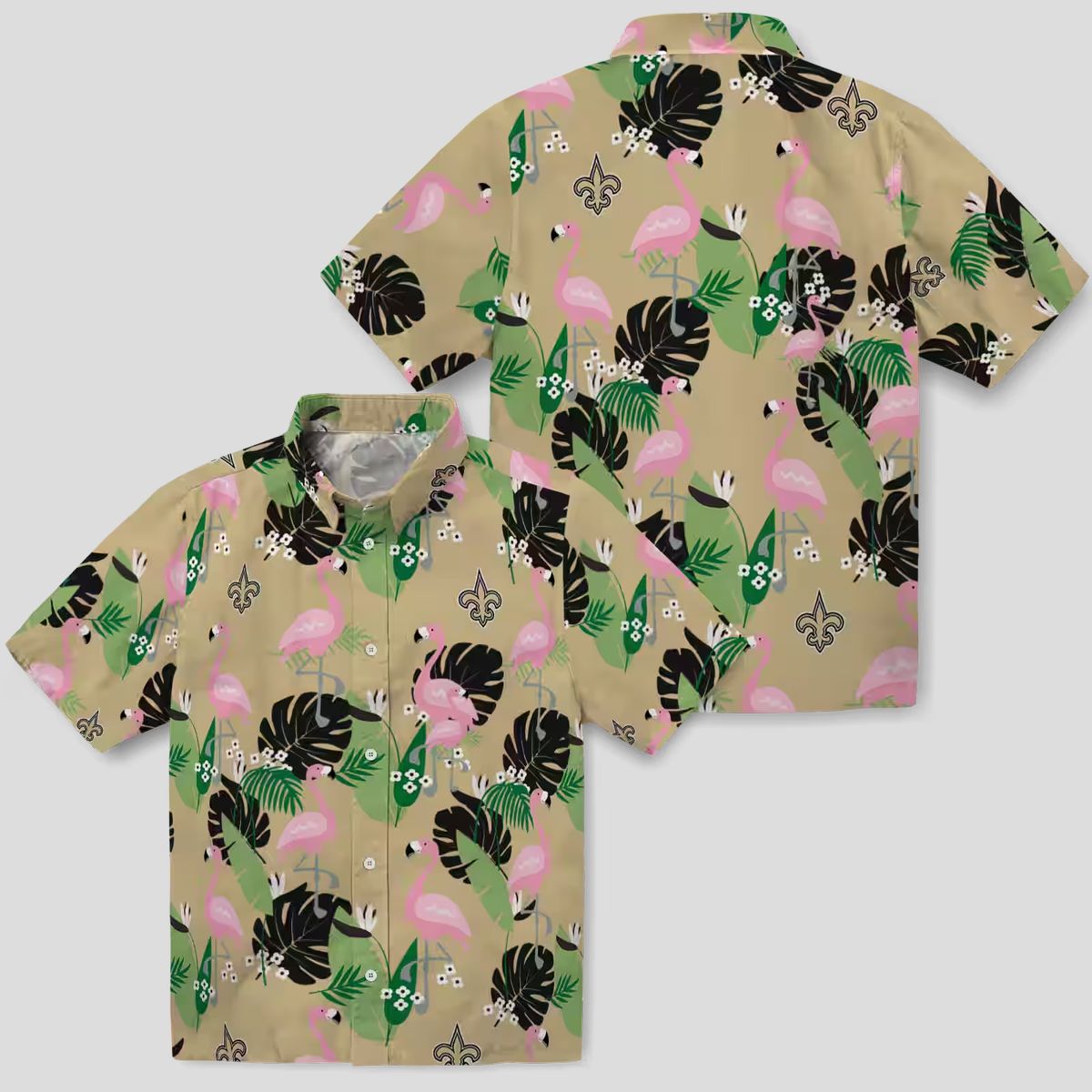 Gold Flamingo New Orleans Saints Hawaiian Shirt, Palm Leaf Summer NFL Apparel