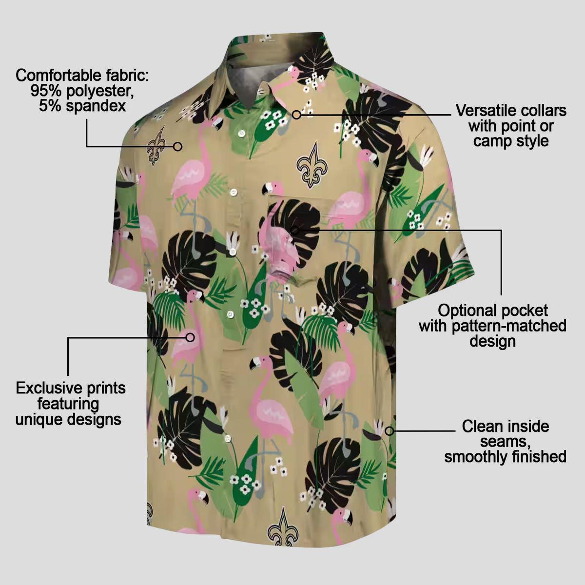 Gold Flamingo New Orleans Saints Hawaiian Shirt, Palm Leaf Summer NFL Apparel