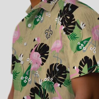 Gold Flamingo New Orleans Saints Hawaiian Shirt, Palm Leaf Summer NFL Apparel