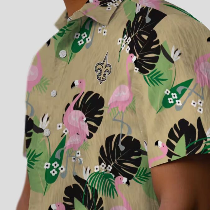 Gold Flamingo New Orleans Saints Hawaiian Shirt, Palm Leaf Summer NFL Apparel