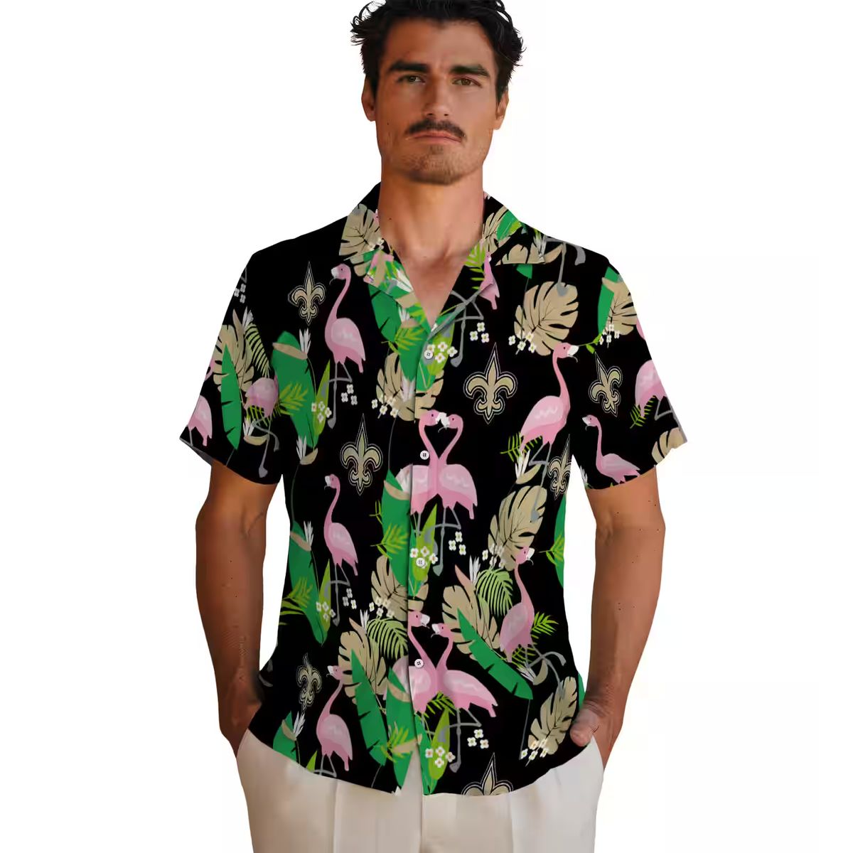 Gold Green New Orleans Saints Aloha Shirt - Flamingo Tropical Print