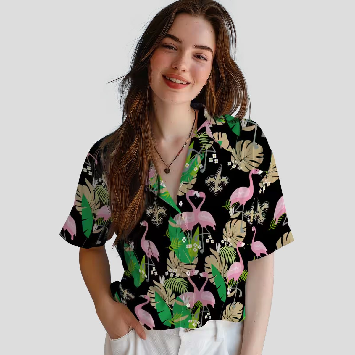 Gold Green New Orleans Saints Aloha Shirt - Flamingo Tropical Print