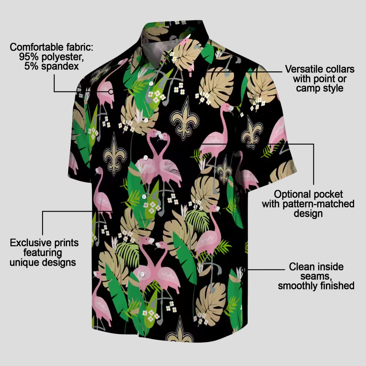 Gold Green New Orleans Saints Aloha Shirt - Flamingo Tropical Print