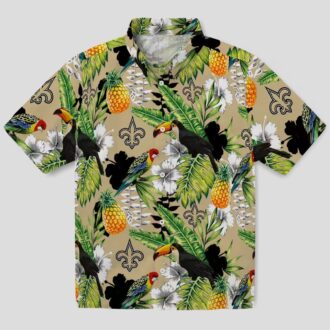 New Orleans Saints Aloha Button Up Shirt, Gold Green Tropical Toucan Hawaiian Shirt