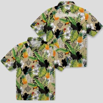 New Orleans Saints Aloha Button Up Shirt, Gold Green Tropical Toucan Hawaiian Shirt