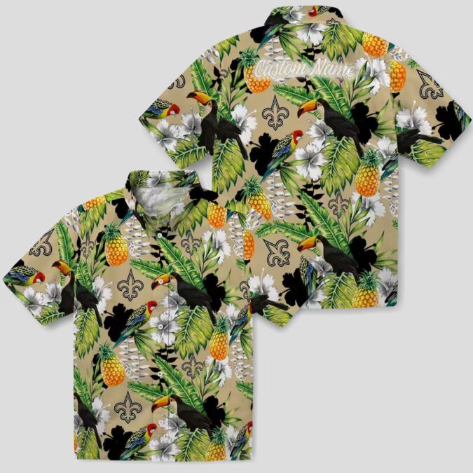 New Orleans Saints Aloha Button Up Shirt, Gold Green Tropical Toucan Hawaiian Shirt