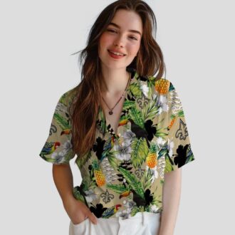 New Orleans Saints Aloha Button Up Shirt, Gold Green Tropical Toucan Hawaiian Shirt