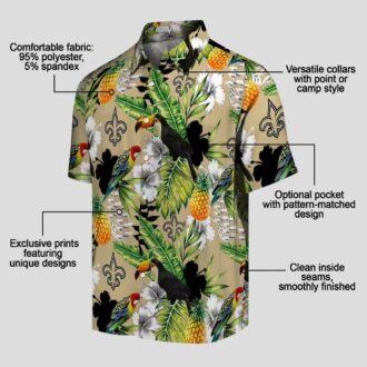 New Orleans Saints Aloha Button Up Shirt, Gold Green Tropical Toucan Hawaiian Shirt
