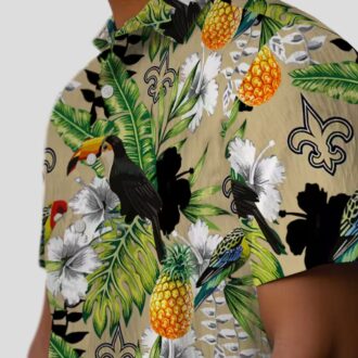 New Orleans Saints Aloha Button Up Shirt, Gold Green Tropical Toucan Hawaiian Shirt
