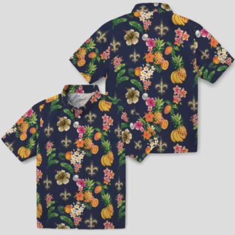 New Orleans Saints Aloha Hawaiian Shirt - Navy Blue Tropical Hibiscus & Fruit Print