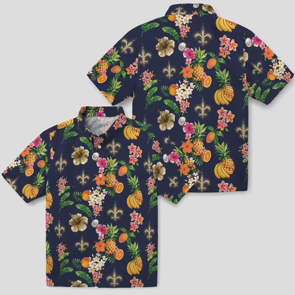New Orleans Saints Aloha Hawaiian Shirt - Navy Blue Tropical Hibiscus & Fruit Print