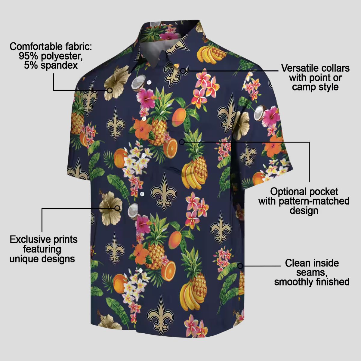 New Orleans Saints Aloha Hawaiian Shirt - Navy Blue Tropical Hibiscus & Fruit Print