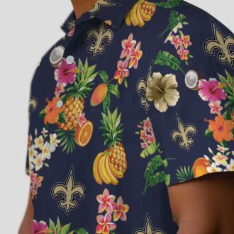 New Orleans Saints Aloha Hawaiian Shirt - Navy Blue Tropical Hibiscus & Fruit Print