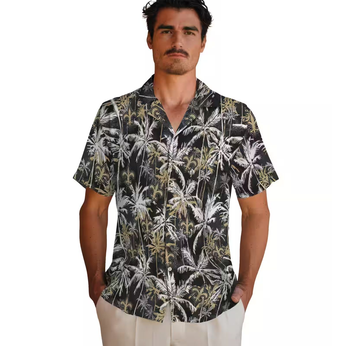 New Orleans Saints Beach Hawaiian Shirt - Gold & Black Palm Design for 2025