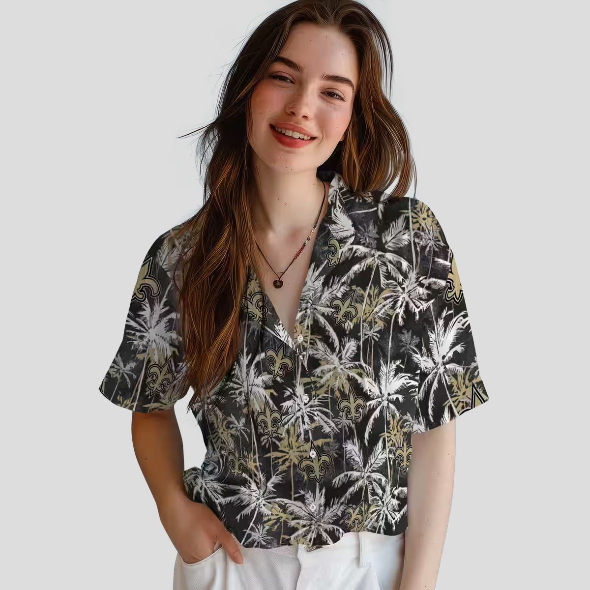 New Orleans Saints Beach Hawaiian Shirt - Gold & Black Palm Design for 2025