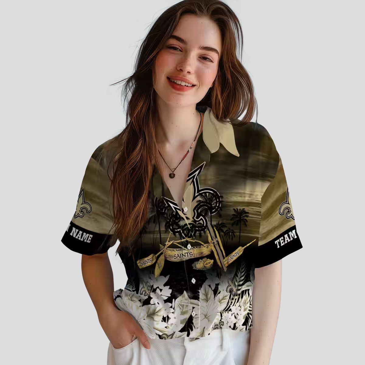 New Orleans Saints Beach Shirt, Custom Gold Canoe & Floral NFL Summer Apparel