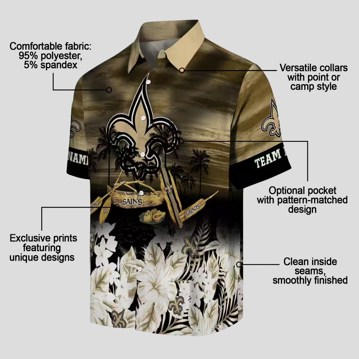 New Orleans Saints Beach Shirt, Custom Gold Canoe & Floral NFL Summer Apparel
