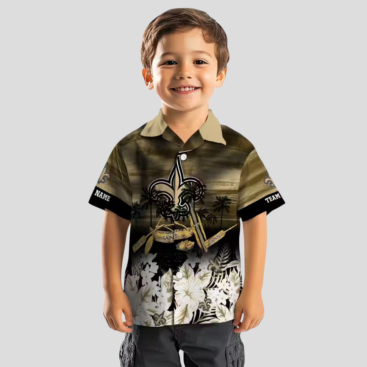 New Orleans Saints Beach Shirt, Custom Gold Canoe & Floral NFL Summer Apparel