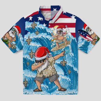 New Orleans Saints Blue Hawaiian Shirt, Funny Surfing Santa Button Up Shirt