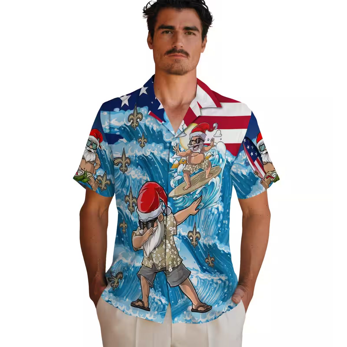 New Orleans Saints Blue Hawaiian Shirt, Funny Surfing Santa Button Up Shirt