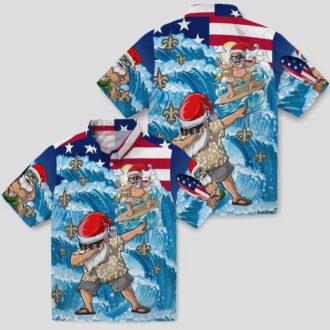 New Orleans Saints Blue Hawaiian Shirt, Funny Surfing Santa Button Up Shirt