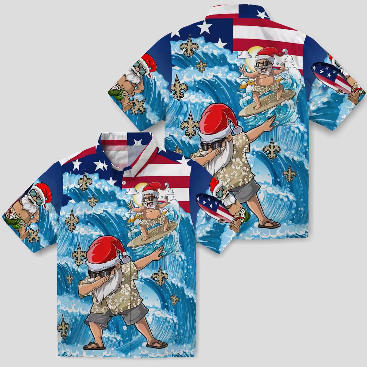 New Orleans Saints Blue Hawaiian Shirt, Funny Surfing Santa Button Up Shirt