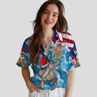 New Orleans Saints Blue Hawaiian Shirt, Funny Surfing Santa Button Up Shirt